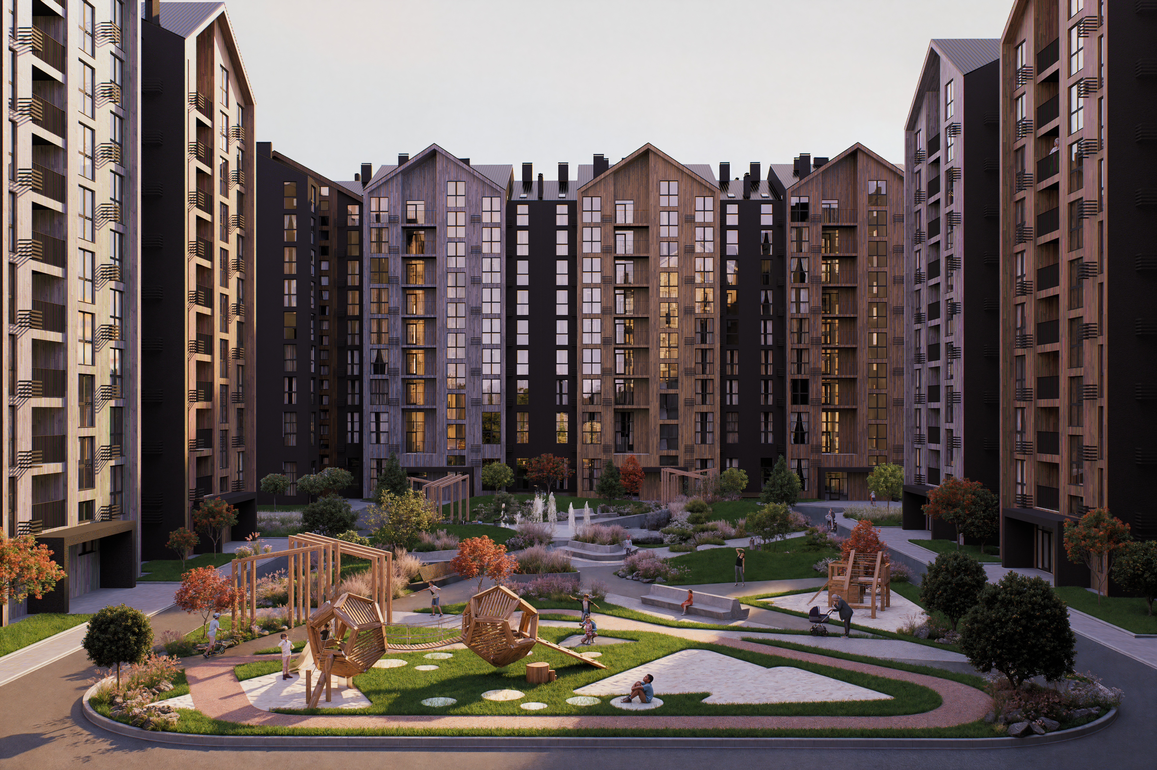 Two women sitting at a modern table talking with a city view behind them.